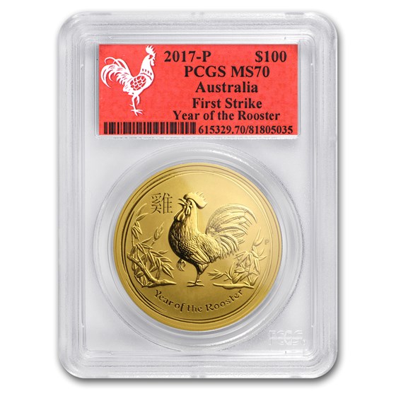 2017 Australia 1 oz Gold Lunar Rooster MS-70 PCGS (FS, Red Label) 2017 Australia 1 oz Gold Lunar Rooster MS-70 PCGS (FS, Red Label)